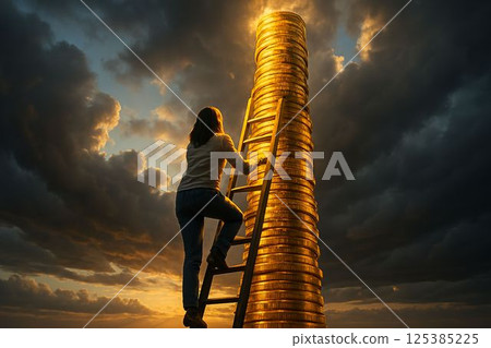 Woman Climbing Ladder Toward Tower of Golden Coins Woman Climbing Ladder Toward Tower of Golden Coins 125385225