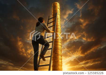 Woman Climbing Ladder Toward Tower of Golden Coins 125385226