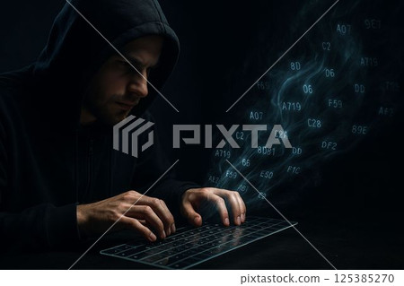 Hacker Typing on Digital Keyboard with Data Smoke Hacker Typing on Digital Keyboard with Data Smoke 125385270