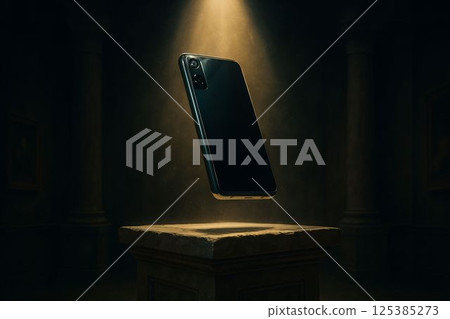 Futuristic Smartphone Floating on Stone Pedestal Futuristic Smartphone Floating on Stone Pedestal 125385273