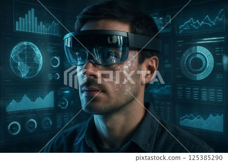 Man Using Mixed Reality Glasses with Data Holograms Man Using Mixed Reality Glasses with Data Holograms 125385290