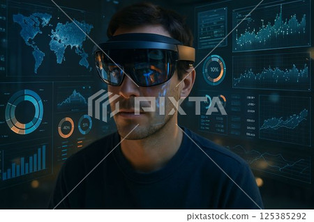 Man Using Mixed Reality Glasses with Data Holograms Man Using Mixed Reality Glasses with Data Holograms 125385292