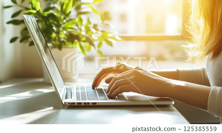 young woman typing report on laptop with sunlight filtering through window, indoor office plant beside, minimal desk, 125385559