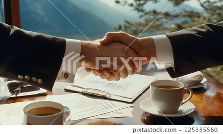 two businesspeople shaking hands after agreement in formal meeting setting, documents and coffee cups on table, 125385560
