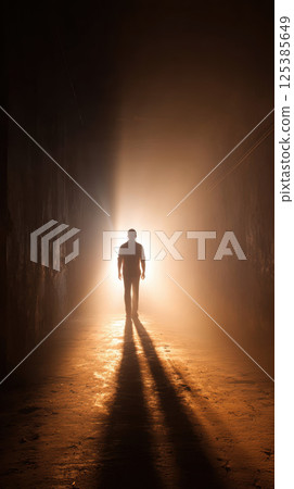 Silhouette of person walking into bright light, casting long shadows 125385649