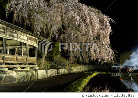 飛鎢高山、青穀神明神社:夜晚的櫻花、營火和稻田的倒影 飛鎢高山、青穀神明神社:夜晚的櫻花、營火和稻田的倒影 125385932