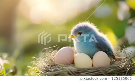 springtime baby bird with egg pastel color tone 125385965