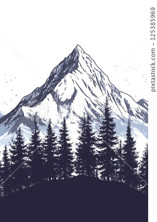 hand drawn mountain range with pine forest illustration 125385969