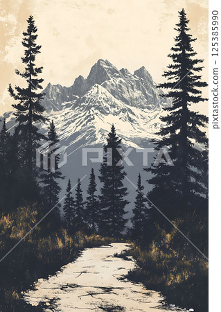 rustic mountain trail illustration wilderness trees 125385990