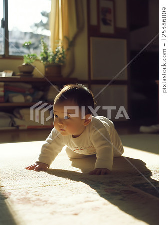 baby crawling on floor, exploration phase, natural light baby crawling on floor, exploration phase, natural light 125386009