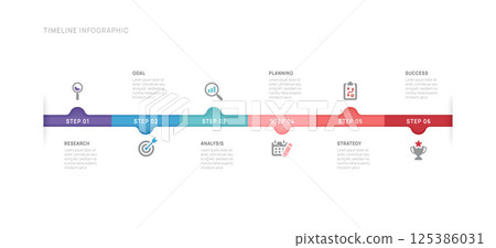 Business infographic 6 steps to success. Annual report, Business Timeline presentation template. Vector illustration. 125386031