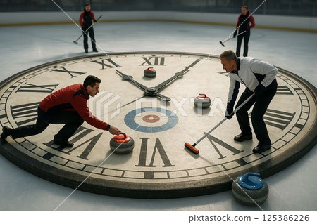 Curling Match on a Giant Clock Ice Rink Curling Match on a Giant Clock Ice Rink 125386226
