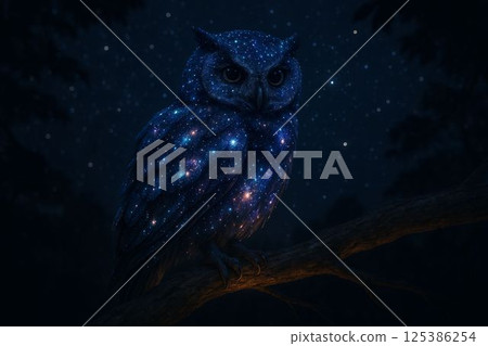 Galactic Owl Perched on Glowing Tree Branch at Night 125386254