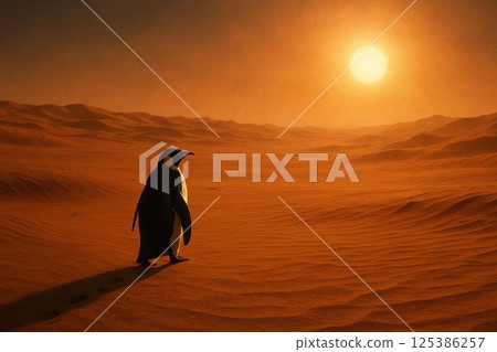 Penguin Walking Alone in a Desert Under Blazing Sun Penguin Walking Alone in a Desert Under Blazing Sun 125386257