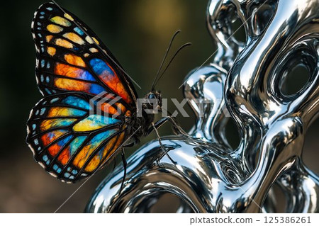 Stained Glass Butterfly on Chrome Sculpture Surface 125386261