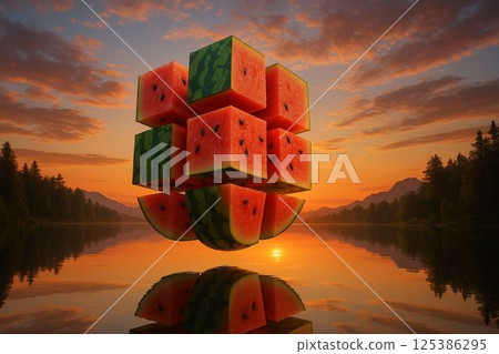 Surreal Watermelon Cubes Floating at Sunrise Surreal Watermelon Cubes Floating at Sunrise 125386295