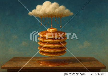 Floating Pancakes Under a Syrup Cloud in Surreal Scene 125386303