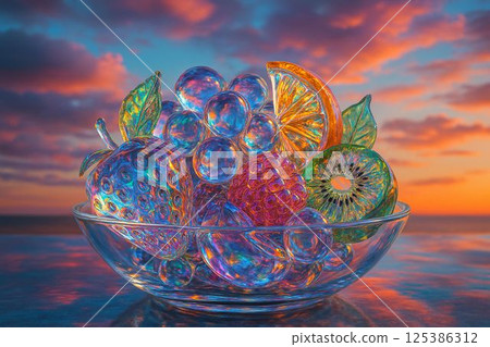 Crystal Fruit Salad Reflecting a Vibrant Sunset Sky Crystal Fruit Salad Reflecting a Vibrant Sunset Sky 125386312