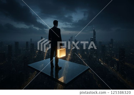 Businessperson on Floating Glass Platform Over Futuristic City Businessperson on Floating Glass Platform Over Futuristic City 125386320