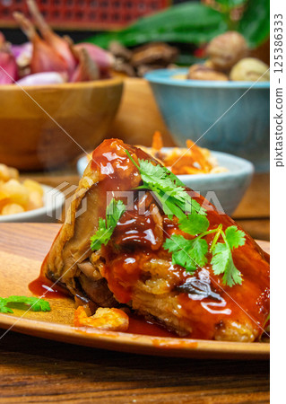 Zongzi, Zongzi leaves, glutinous rice, fillings, Chinese culture, sweet and spicy sauce, coriander, Taiwan, China 125386333