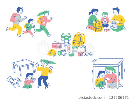 Disaster prevention goods and a set of evacuating families_color 125386371