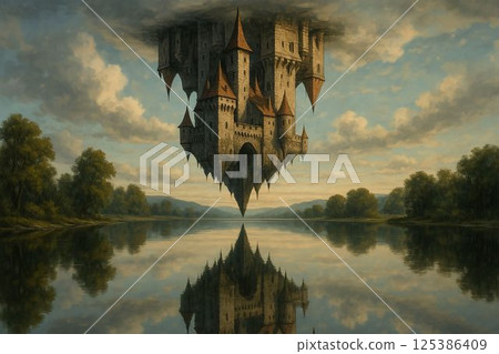 Floating Castle Reflected in Tranquil Lake Floating Castle Reflected in Tranquil Lake 125386409