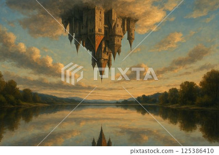 Floating Castle Reflected in Tranquil Lake 125386410