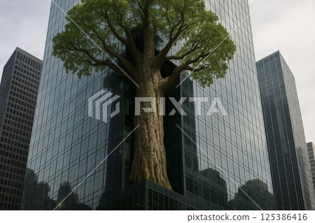 Massive Tree Growing Through Urban Skyscraper 125386416