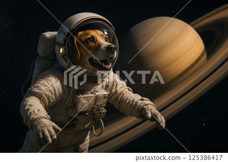 Dog Astronaut Floating Through Space Near Saturn 125386417