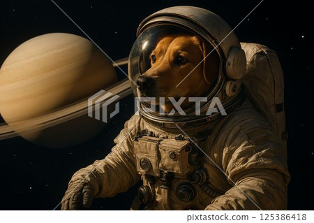 Dog Astronaut Floating Through Space Near Saturn 125386418