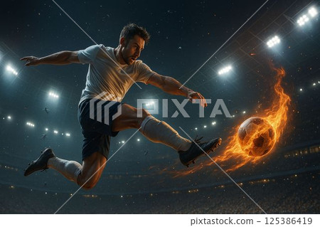 Soccer Player Kicks Flaming Ball in Zero Gravity Stadium 125386419
