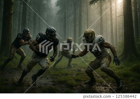 Rainy Forest Football Clash in Motion 125386442