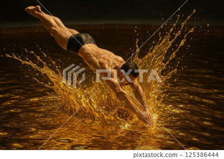 Diver Leaps into Liquid Gold Splash 125386444
