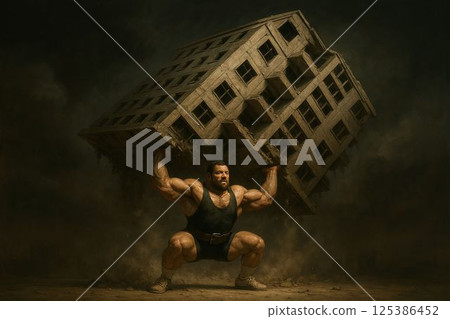 Weightlifter Holding Collapsing Building in Epic Feat 125386452