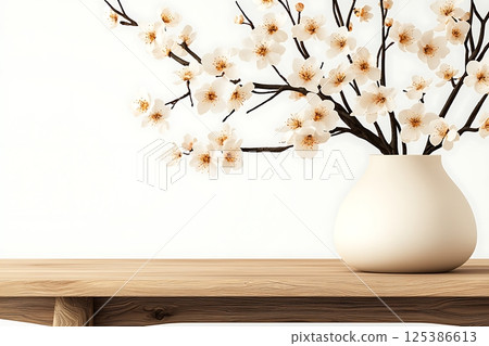 white flowers on wood table background 125386613