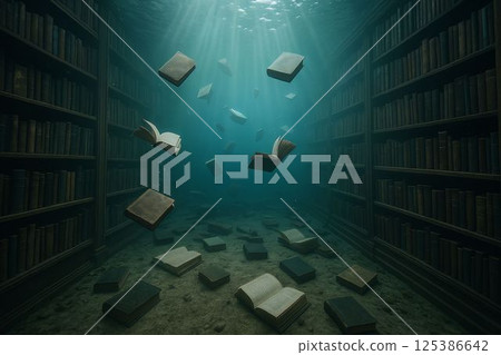 Photorealistic Underwater Library with Floating Books and Light Rays Photorealistic Underwater Library with Floating Books and Light Rays 125386642