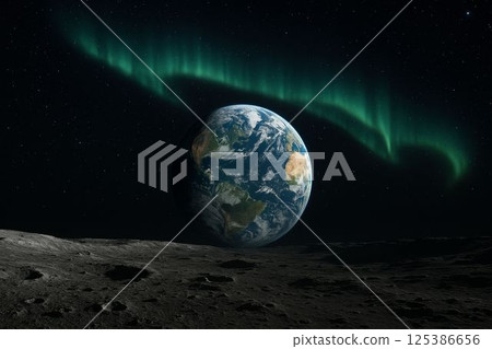 Photorealistic Night View of Earth From Moon with Aurora 125386656