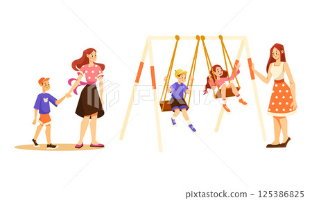 Children Engaged in Play at the Playground with Close Supervision from Their Parents Children Engaged in Play at the Playground with Close Supervision from Their Parents 125386825