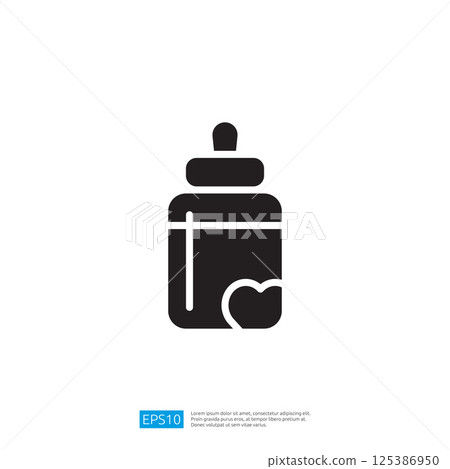 Silhouette Of A Baby Bottle With Heart Icon On White Background.  Product Details For Infant Care.   Illustration Of A Feeding Bottle.   Graphic Symbol. Modern Design. Art. Visual 125386950