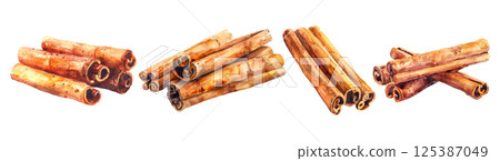 Set of fresh herb, cinnamon sticks in watercolor style isolated on a transparent background. 125387049