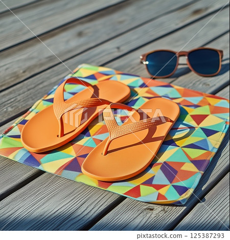 Mockup of matte orange flip flops on a polished obsidian slab with beach sand backdrop 125387293