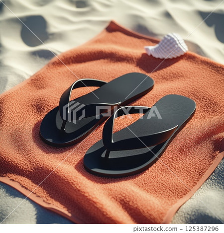 Mockup of matte black flip flops on a polished obsidian slab with beach sand backdrop 125387296