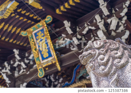 Early summer in Kyoto, Kitano Tenmangu Shrine, Sankomon Gate and Komainu 125387386