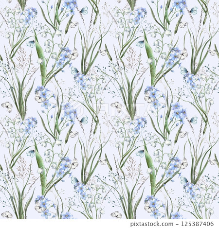 Wild flowers and grass, blue forget-me-nots, white lilies of the valley and butterflies. Botanical seamless pattern on a spring theme. For branding, wallpaper and textile, weddings and eco-products. Wild flowers and grass, blue forget-me-nots, white lilies of the valley and butterflies. Botanical seamless pattern on a spring theme. For branding, wallpaper and textile, weddings and eco-products. 125387406