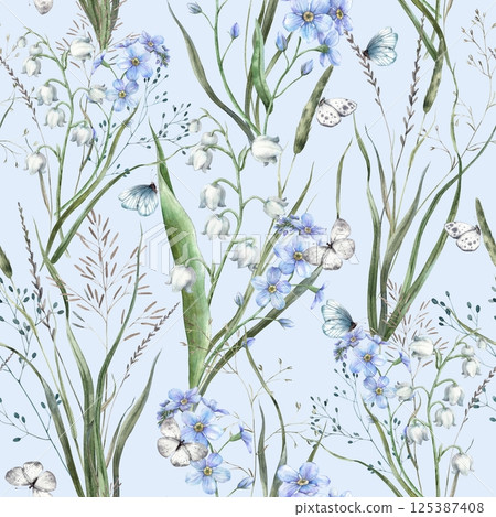 Wild flowers and herbs, blue forget-me-nots, white lilies of the valley and butterflies. Botanical seamless pattern on a blue background. For branding, wallpaper and textile, weddings, eco-products. 125387408