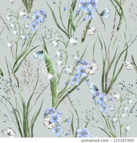 Wild flowers and grass, blue forget-me-nots, white lilies of the valley and butterflies. Botanical seamless pattern on a spring theme. For branding, wallpaper and textile, weddings and eco-products. Wild flowers and grass, blue forget-me-nots, white lilies of the valley and butterflies. Botanical seamless pattern on a spring theme. For branding, wallpaper and textile, weddings and eco-products. 125387409
