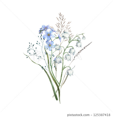 Blue forget-me-nots, white lilies of the valley, dried and wild herbs. Watercolor illustration of a bouquet of flowers, perfect for eco-branding, packaging, cards, wedding design and botanical prints. 125387418
