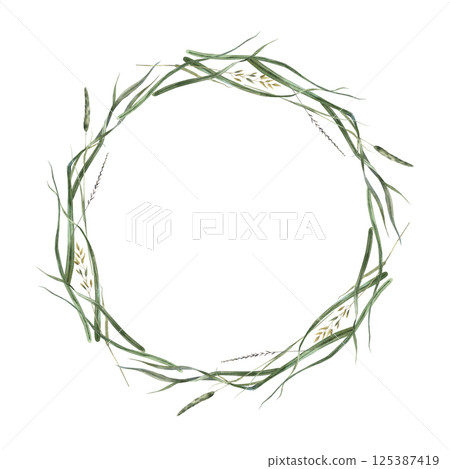 Wreath of different wild herbs and dried wild flowers. Watercolor round illustration, painted in natural tones. Suitable for eco-branding, packaging, greeting cards, wedding design, botanical prints. Wreath of different wild herbs and dried wild flowers. Watercolor round illustration, painted in natural tones. Suitable for eco-branding, packaging, greeting cards, wedding design, botanical prints. 125387419