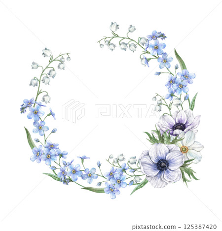 Anemones and white lilies of the valley, blue forget-me-nots, wild herbs and flowers. Spring botanical watercolor round wreath, suitable for eco-branding, packaging, wedding design, cards, banners. 125387420
