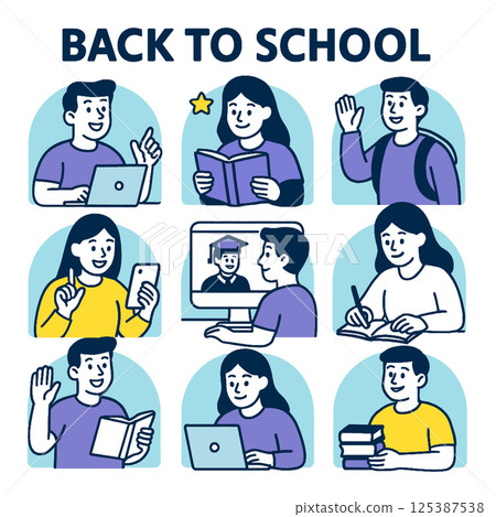 Back to school theme featuring diverse students engaging various activities like studying, using technology, and participating online classes, conveying excitement and readiness for learning Back to school theme featuring diverse students engaging various activities like studying, using technology, and participating online classes, conveying excitement and readiness for learning 125387538